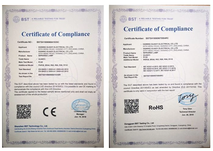 certification of heat lamp for pain relief