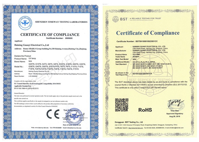 certification of GPHA843T6L UVC lamp